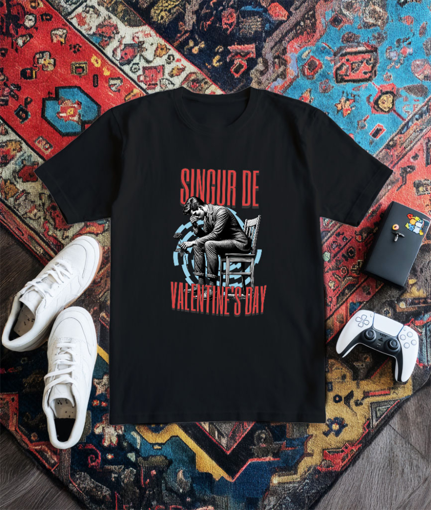 Tricou Femei, Barbati, Copii, Fata, Baiat, Unisex Personalizat Bărbat Trist pe Scaun „Singur de Valentine's Day” – Cadou Personalizat pentru Dragoste și Iubire Pierdută [3]