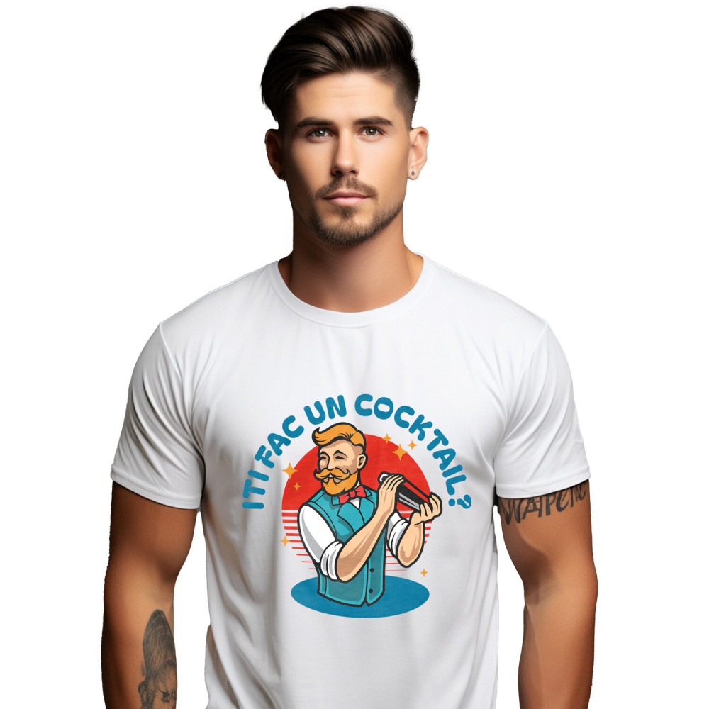 Tricou Femei, Barbati, Copii, Fata, Baiat, Unisex Personalizat „Barman cu Vesta și Mustață Personalizat - Cadou Perfect pentru Iubitorii de Cocktailuri” [1]