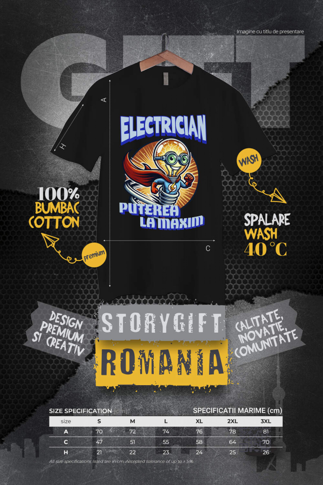 Tricou Femei, Barbati, Copii, Fata, Baiat, Unisex Personalizat Bec Strălucitor Cu Pelerină Roșie Și Costum De Super Erou – Cadou Personalizat „Electrician Puterea La Maxim” [4]