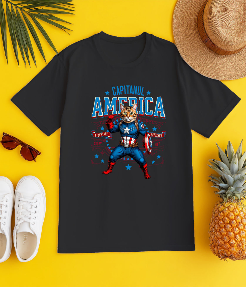 Tricou Femei, Barbati, Copii, Fata, Baiat, Unisex Personalizat Pisica Bengal în Costum de Captain America cu Pelerină - Cadou Personalizat pentru Copii și Iubitorii de Pisici [3]