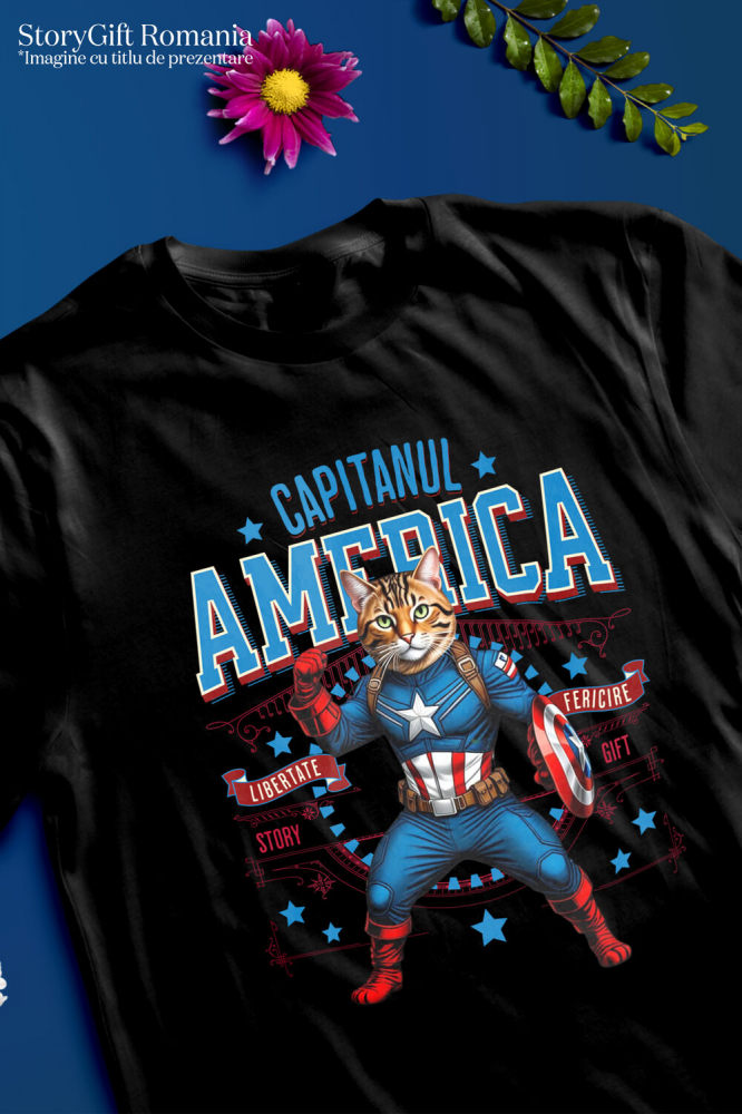 Tricou Femei, Barbati, Copii, Fata, Baiat, Unisex Personalizat Pisica Bengal în Costum de Captain America cu Pelerină - Cadou Personalizat pentru Copii și Iubitorii de Pisici [3]