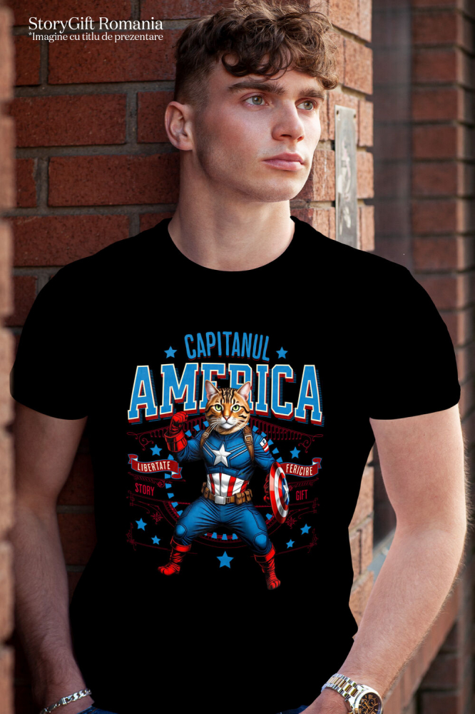 Tricou Femei, Barbati, Copii, Fata, Baiat, Unisex Personalizat Pisica Bengal în Costum de Captain America cu Pelerină - Cadou Personalizat pentru Copii și Iubitorii de Pisici [2]