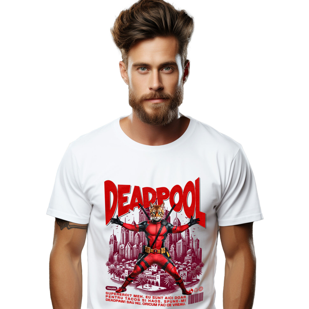 Tricou Femei, Barbati, Copii, Fata, Baiat, Unisex Personalizat Pisică Bengal în Costum Deadpool – Supererou Amuzant pentru Iubitorii de Animale [1]