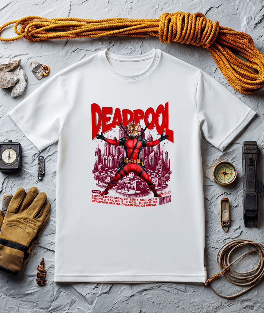 Tricou Femei, Barbati, Copii, Fata, Baiat, Unisex Personalizat Pisică Bengal în Costum Deadpool – Supererou Amuzant pentru Iubitorii de Animale [3]