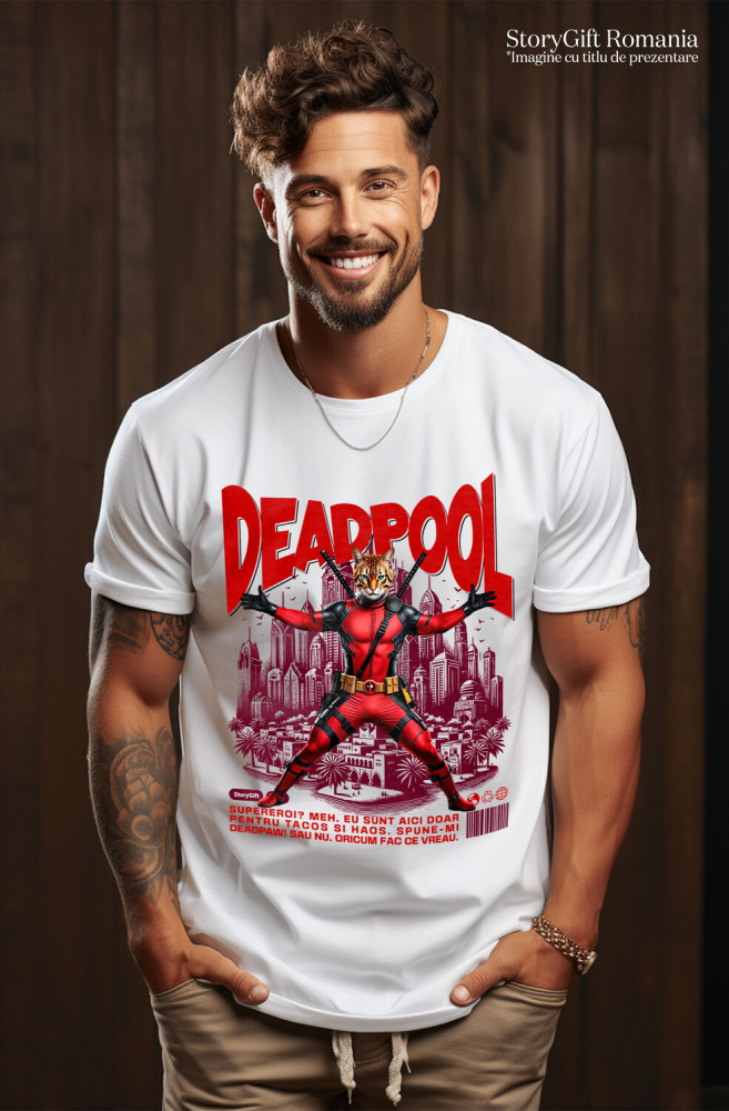 Tricou Femei, Barbati, Copii, Fata, Baiat, Unisex Personalizat Pisică Bengal în Costum Deadpool – Supererou Amuzant pentru Iubitorii de Animale [2]