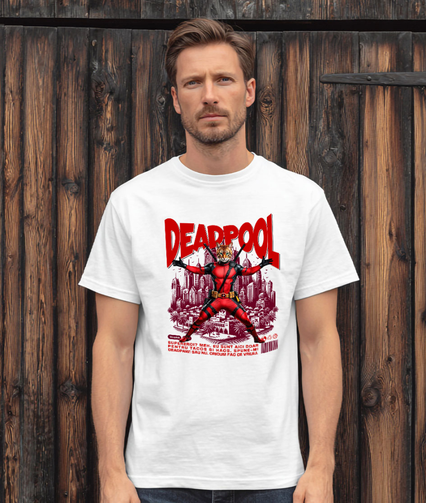 Tricou Femei, Barbati, Copii, Fata, Baiat, Unisex Personalizat Pisică Bengal în Costum Deadpool – Supererou Amuzant pentru Iubitorii de Animale [2]