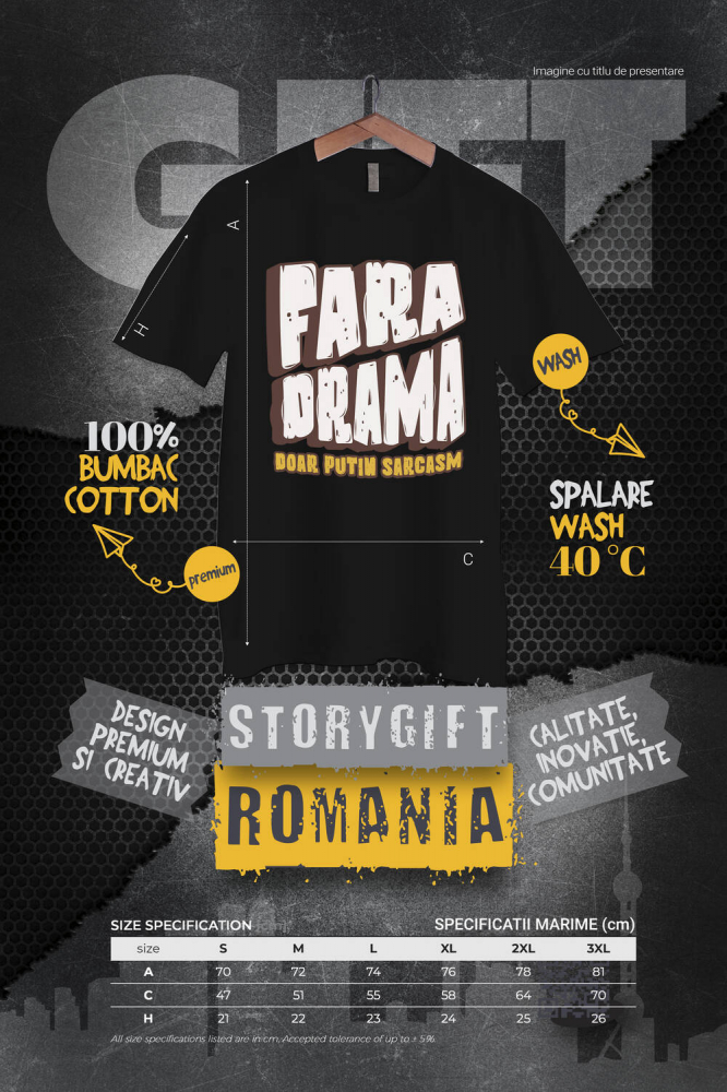 Tricou Femei, Barbati, Copii, Fata, Baiat, Unisex Personalizat Mesaj Haios „Fără Dramă, Dar Puțin Sarcasm” - Cadou Personalizat Vintage [4]