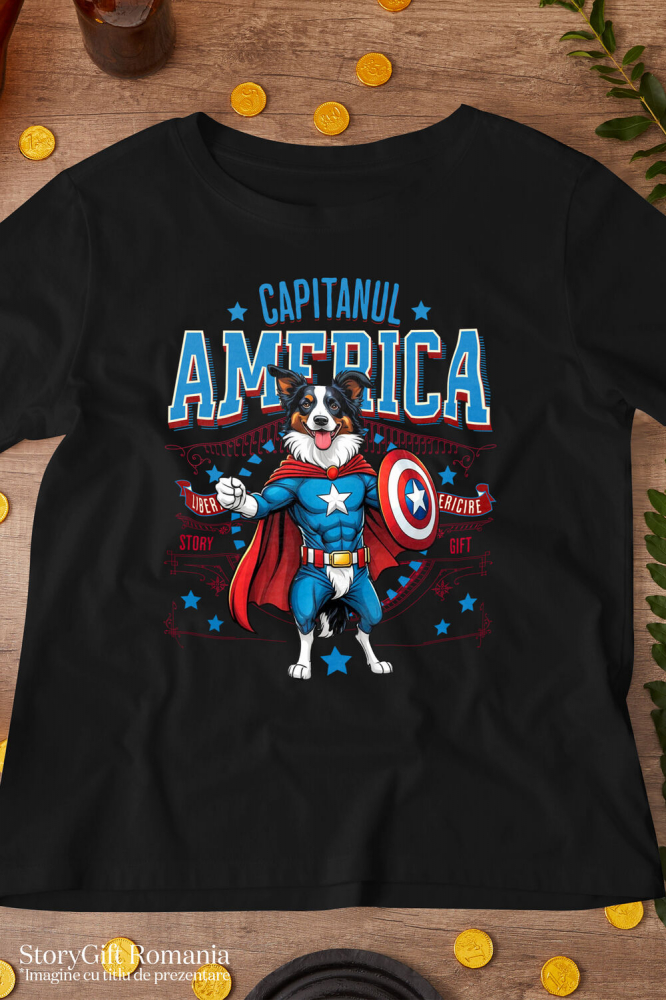 Tricou Femei, Barbati, Copii, Fata, Baiat, Unisex Personalizat Border Collie în Costum Captain America cu Pelerină - Cadou Personalizat pentru Copii și Iubitorii de Câini [3]