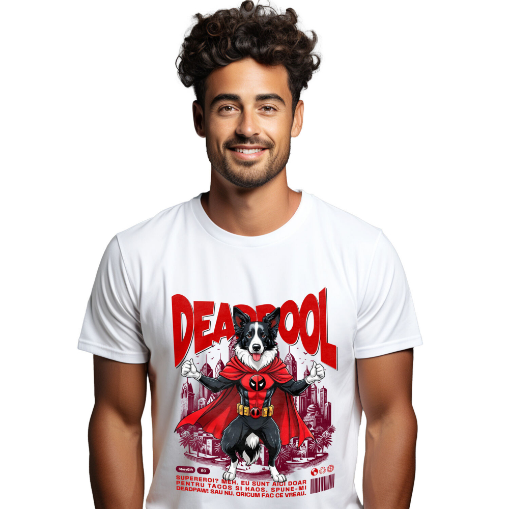 Tricou Femei, Barbati, Copii, Fata, Baiat, Unisex Personalizat Husky Siberian în Costum Deadpool - Cadou Personalizat pentru Copii și Familie [1]