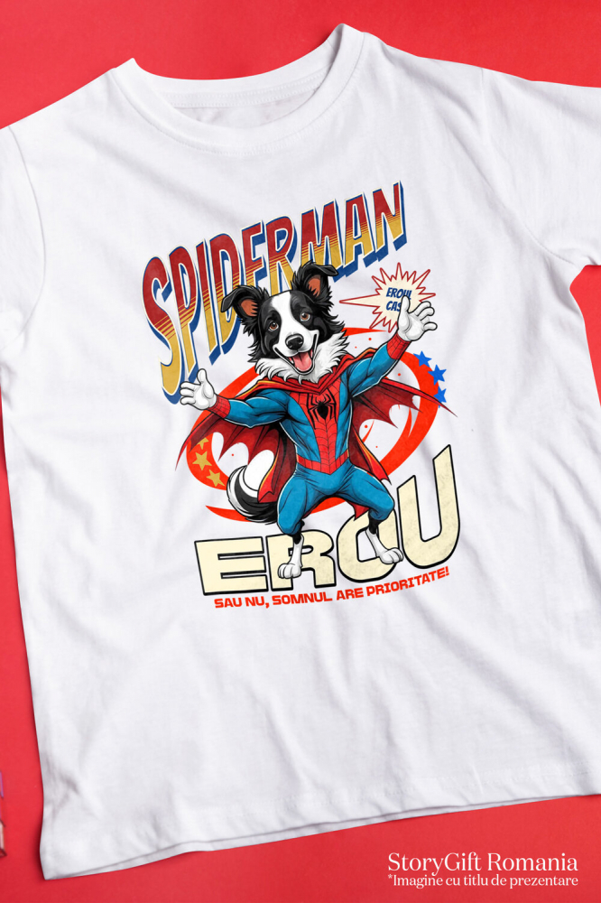 Tricou Femei, Barbati, Copii, Fata, Baiat, Unisex Personalizat Border Collie în Costum Spider-Man - Cadou Personalizat pentru Copii și Familie [3]