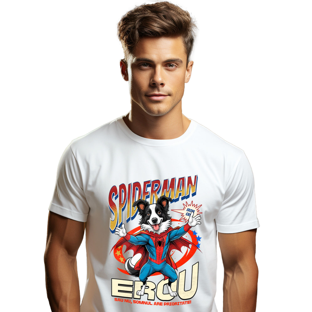 Tricou Femei, Barbati, Copii, Fata, Baiat, Unisex Personalizat Border Collie în Costum Spider-Man - Cadou Personalizat pentru Copii și Familie [1]