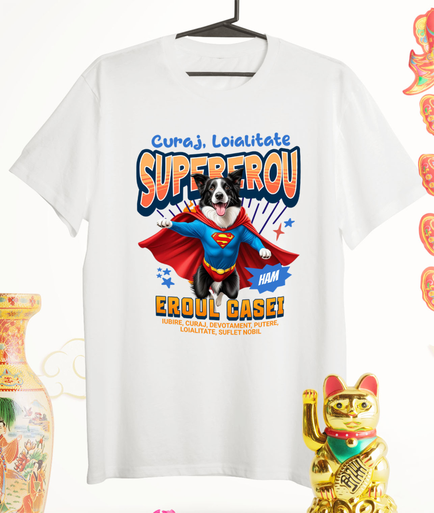 Tricou Femei, Barbati, Copii, Fata, Baiat, Unisex Personalizat Border Collie în Costum de Superman – Produse Personalizate pentru Copii și Familie [3]