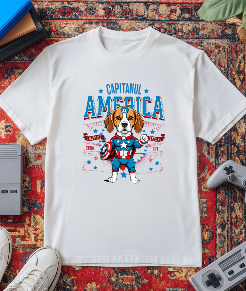 Tricou Femei, Barbati, Copii, Fata, Baiat, Unisex Personalizat Boxer în Costum Captain America cu Pelerină - Cadou Personalizat pentru Copii și Iubitorii de Câini [3]