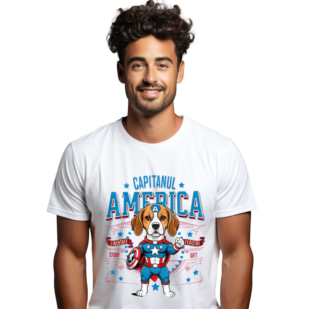 Tricou Femei, Barbati, Copii, Fata, Baiat, Unisex Personalizat Boxer în Costum Captain America cu Pelerină - Cadou Personalizat pentru Copii și Iubitorii de Câini [1]