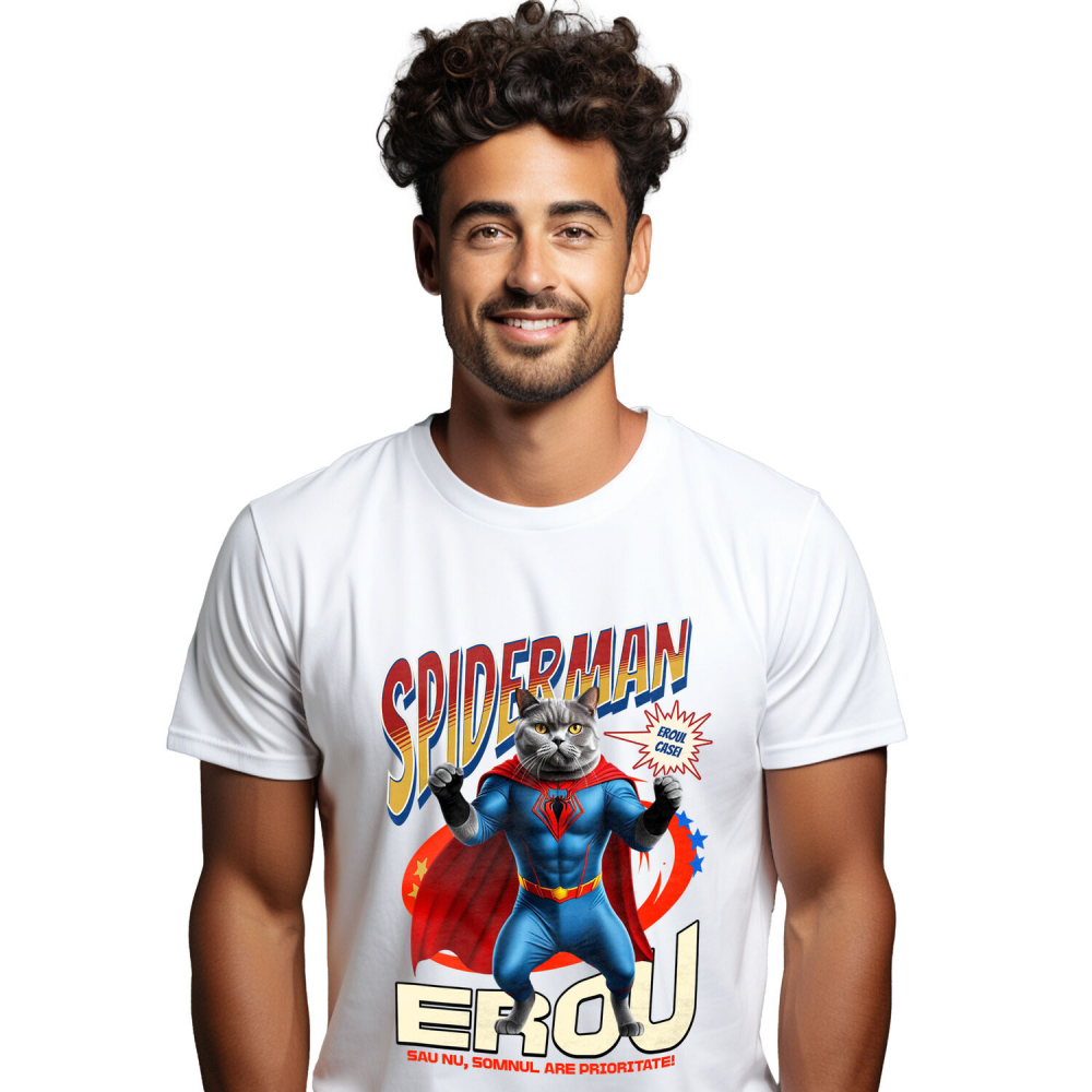 Tricou Femei, Barbati, Copii, Fata, Baiat, Unisex Personalizat British Shorthair în Costum Spider-Man - Cadou Personalizat pentru Copii și Familie [1]