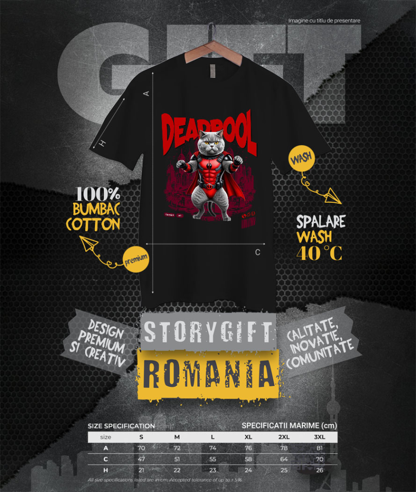 Tricou Femei, Barbati, Copii, Fata, Baiat, Unisex Personalizat British Shorthair în Costum Deadpool – Pisică Supererou Amuzantă pentru Iubitorii de Animale [4]
