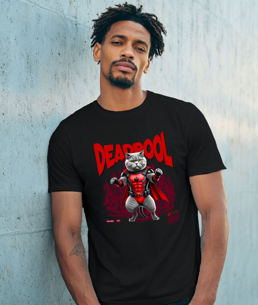 Tricou Femei, Barbati, Copii, Fata, Baiat, Unisex Personalizat British Shorthair în Costum Deadpool – Pisică Supererou Amuzantă pentru Iubitorii de Animale [2]