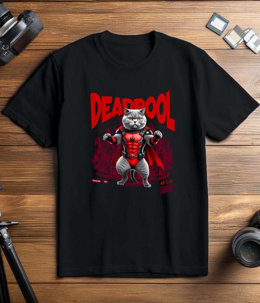Tricou Femei, Barbati, Copii, Fata, Baiat, Unisex Personalizat British Shorthair în Costum Deadpool – Pisică Supererou Amuzantă pentru Iubitorii de Animale [3]