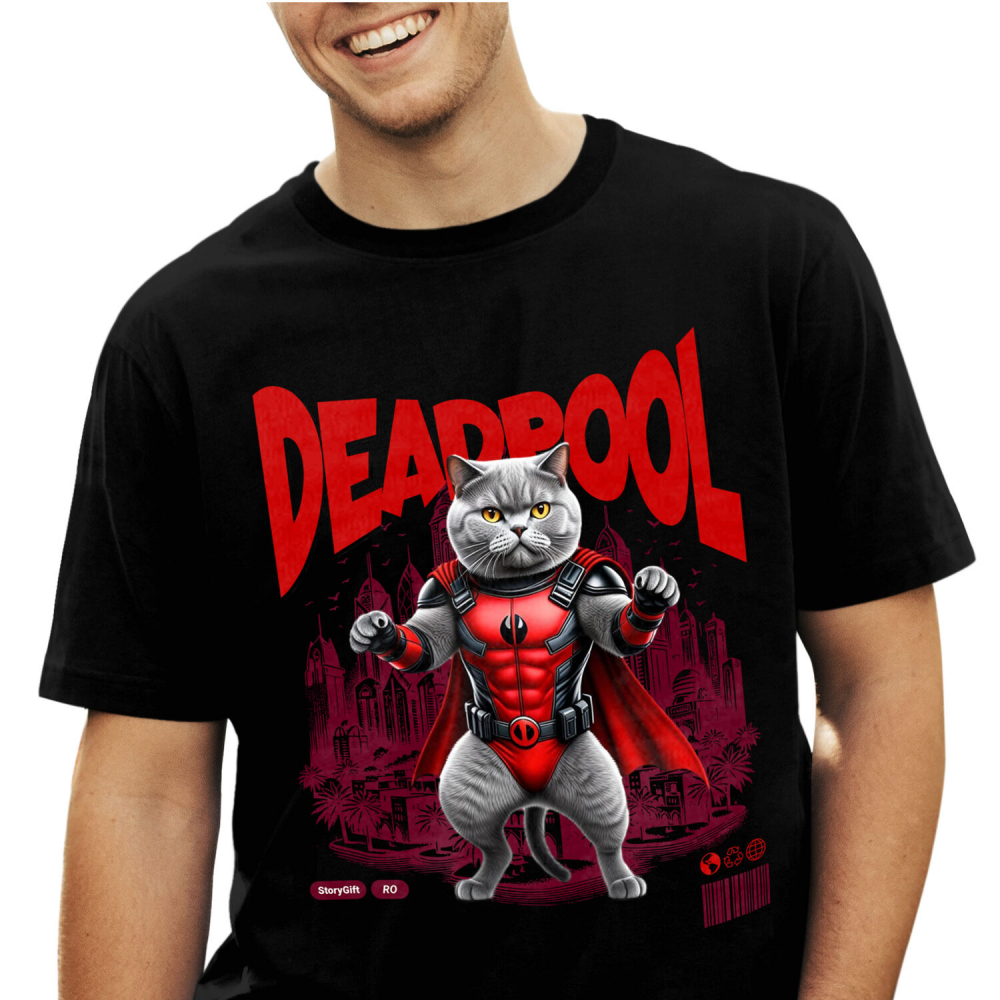 Tricou Femei, Barbati, Copii, Fata, Baiat, Unisex Personalizat British Shorthair în Costum Deadpool – Pisică Supererou Amuzantă pentru Iubitorii de Animale [1]