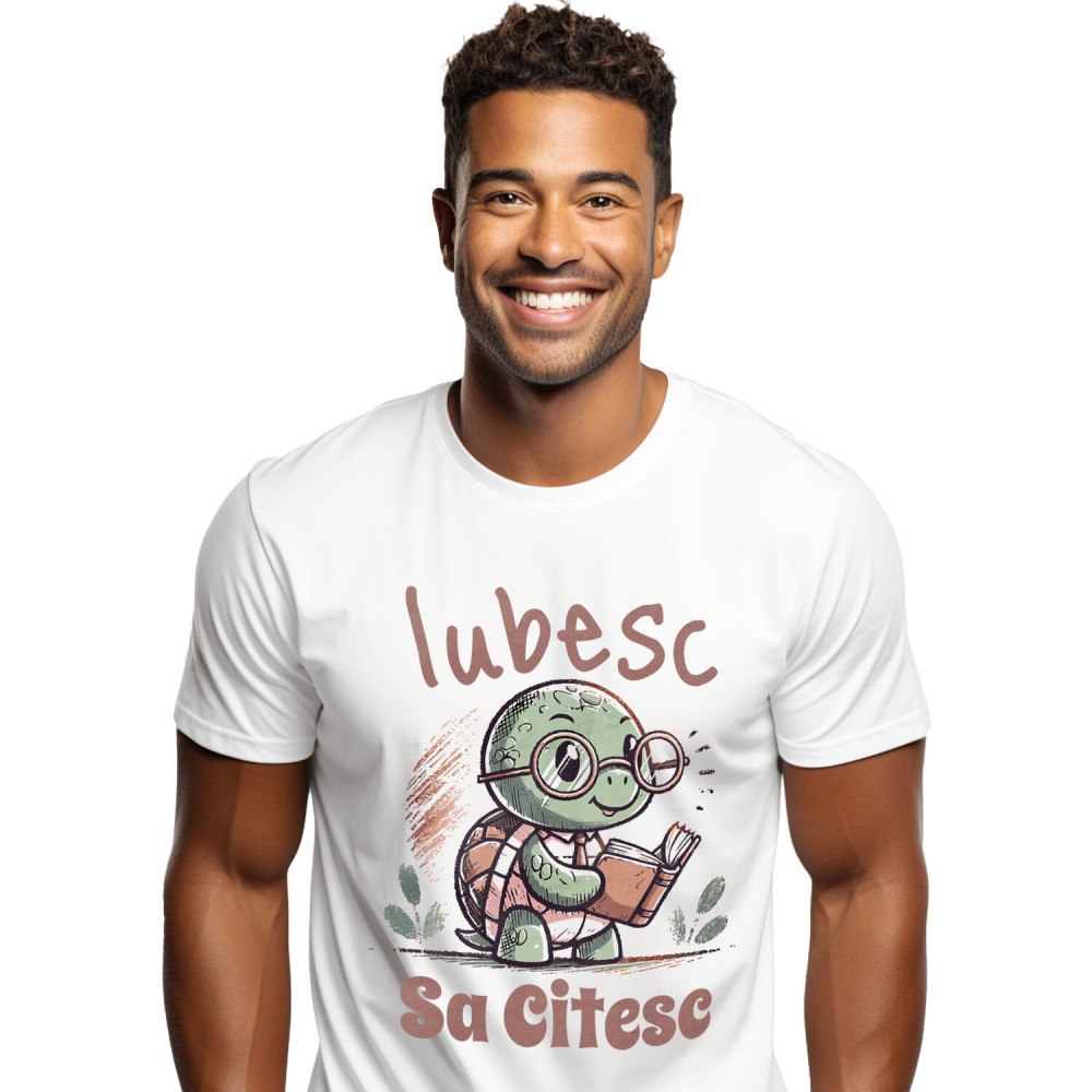 Tricou Femei, Barbati, Copii, Fata, Baiat, Unisex Personalizat Broască Țestoasă cu Carte și Ochelari de Soare | Iubesc Să Citesc [1]