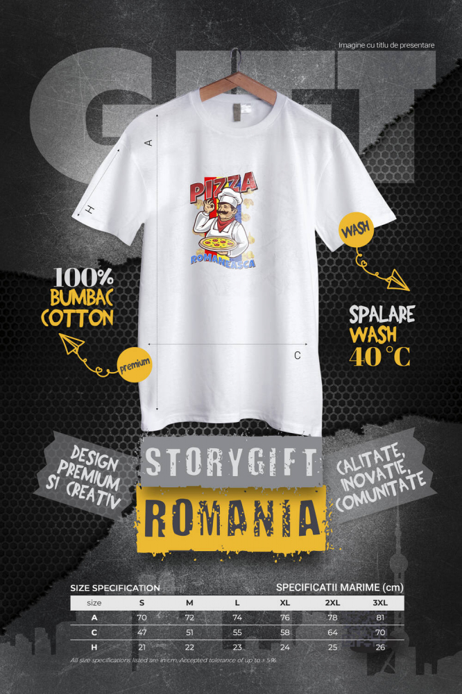 Tricou Femei, Barbati, Copii, Fata, Baiat, Unisex Personalizat Pizza românească personalizată cu chef român și steagul României – Cadou perfect pentru familie și prieteni [4]