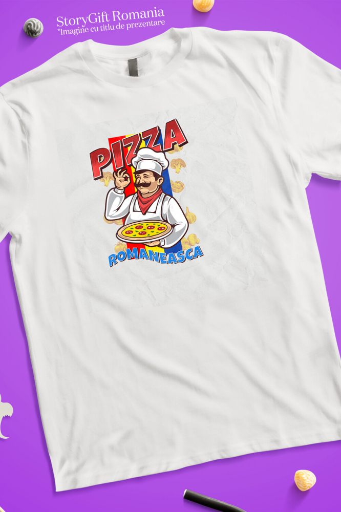 Tricou Femei, Barbati, Copii, Fata, Baiat, Unisex Personalizat Pizza românească personalizată cu chef român și steagul României – Cadou perfect pentru familie și prieteni [3]