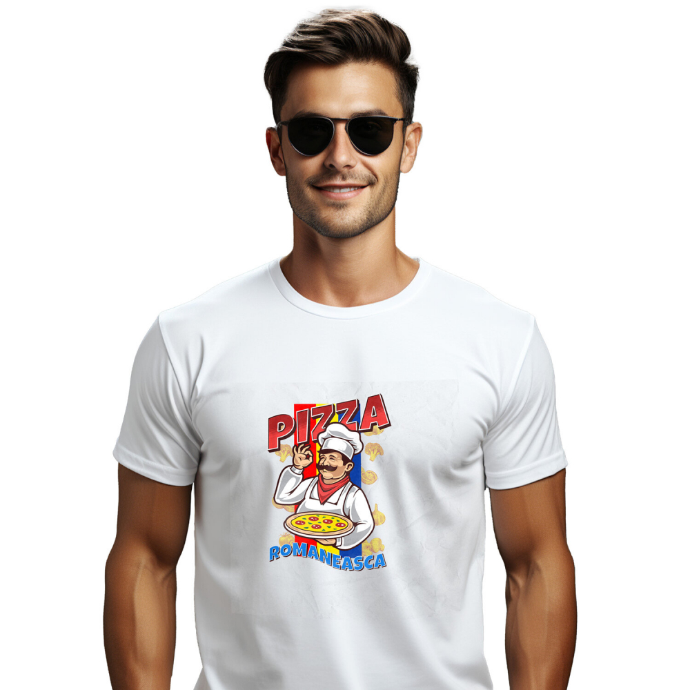 Tricou Femei, Barbati, Copii, Fata, Baiat, Unisex Personalizat Pizza românească personalizată cu chef român și steagul României – Cadou perfect pentru familie și prieteni [1]