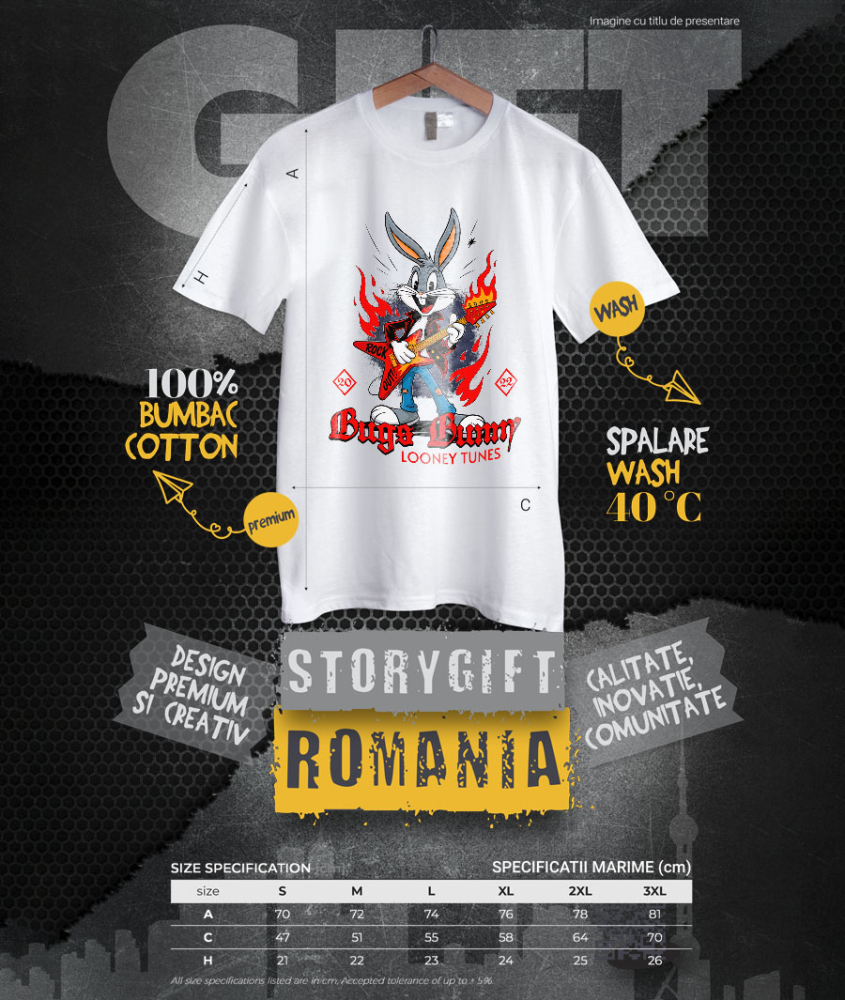 Tricou Barbati cu Bugs Bunny canta cu chitara 100% Bumbac, Alb, XL [4]