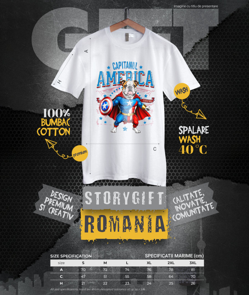 Tricou Femei, Barbati, Copii, Fata, Baiat, Unisex Personalizat Bulldog în Costum Captain America cu Pelerină - Cadou Personalizat pentru Copii și Iubitorii de Câini [4]