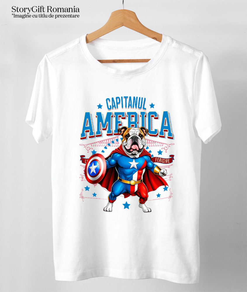 Tricou Femei, Barbati, Copii, Fata, Baiat, Unisex Personalizat Bulldog în Costum Captain America cu Pelerină - Cadou Personalizat pentru Copii și Iubitorii de Câini [3]