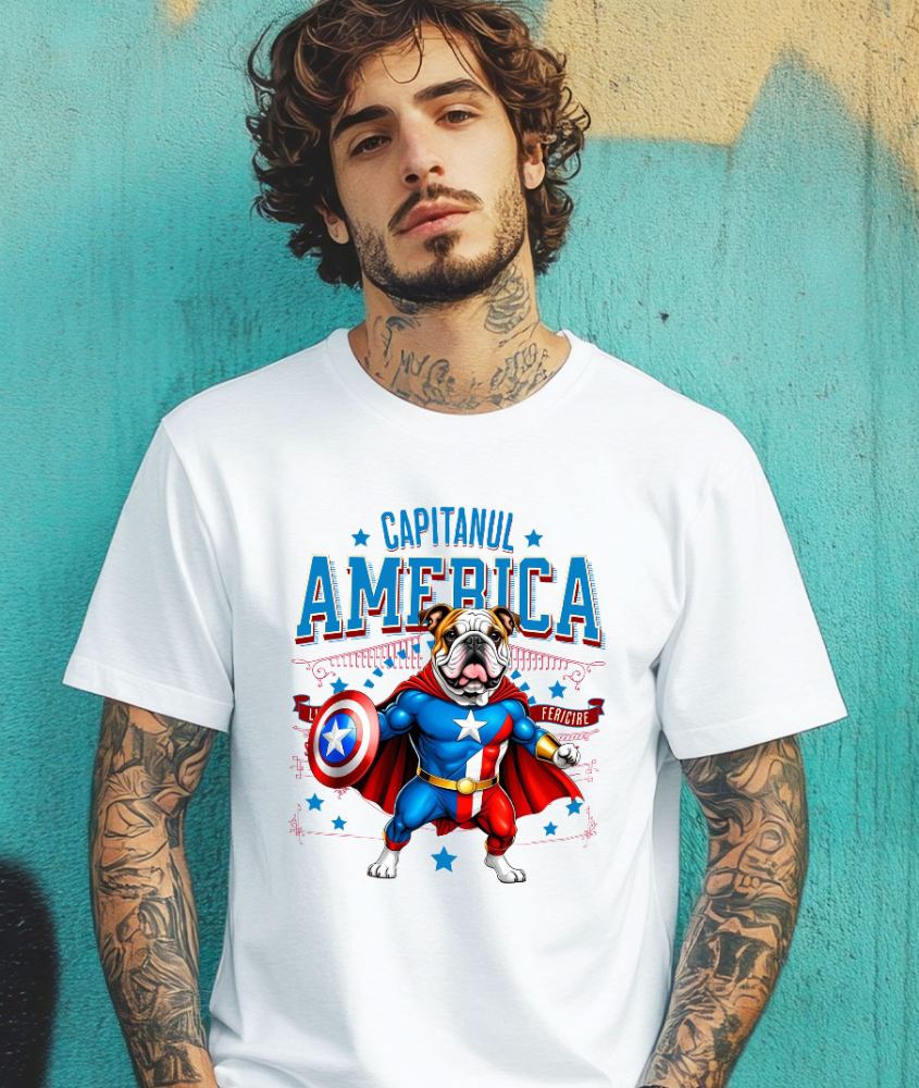 Tricou Femei, Barbati, Copii, Fata, Baiat, Unisex Personalizat Bulldog în Costum Captain America cu Pelerină - Cadou Personalizat pentru Copii și Iubitorii de Câini [2]
