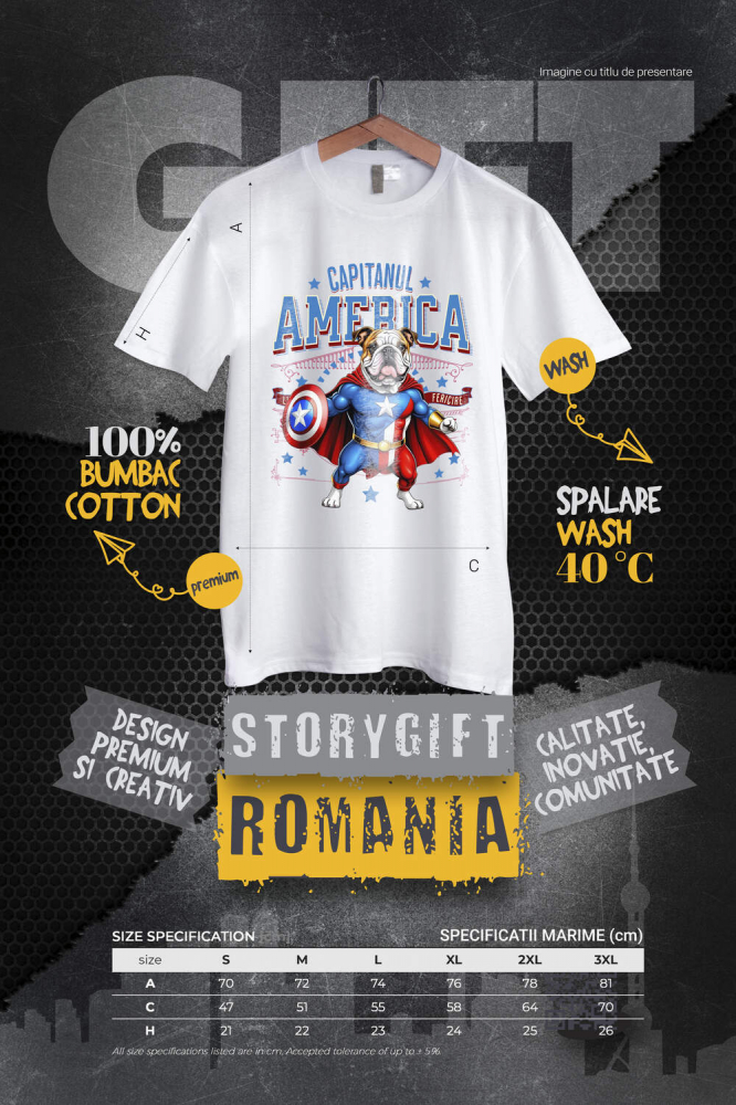 Tricou Femei, Barbati, Copii, Fata, Baiat, Unisex Personalizat Bulldog în Costum Captain America cu Pelerină - Cadou Personalizat pentru Copii și Iubitorii de Câini [4]