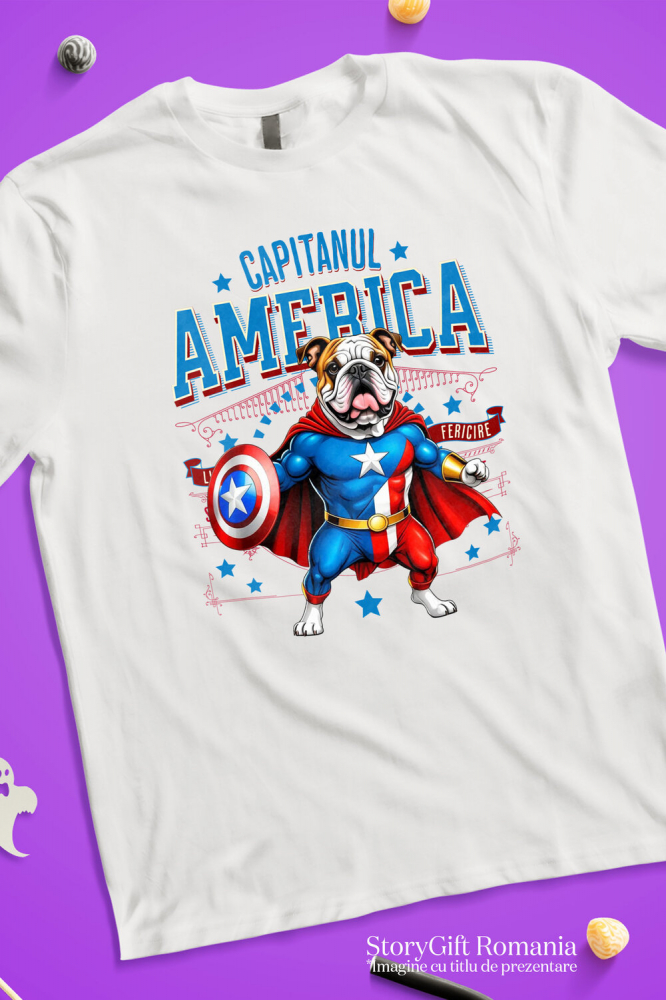 Tricou Femei, Barbati, Copii, Fata, Baiat, Unisex Personalizat Bulldog în Costum Captain America cu Pelerină - Cadou Personalizat pentru Copii și Iubitorii de Câini [3]