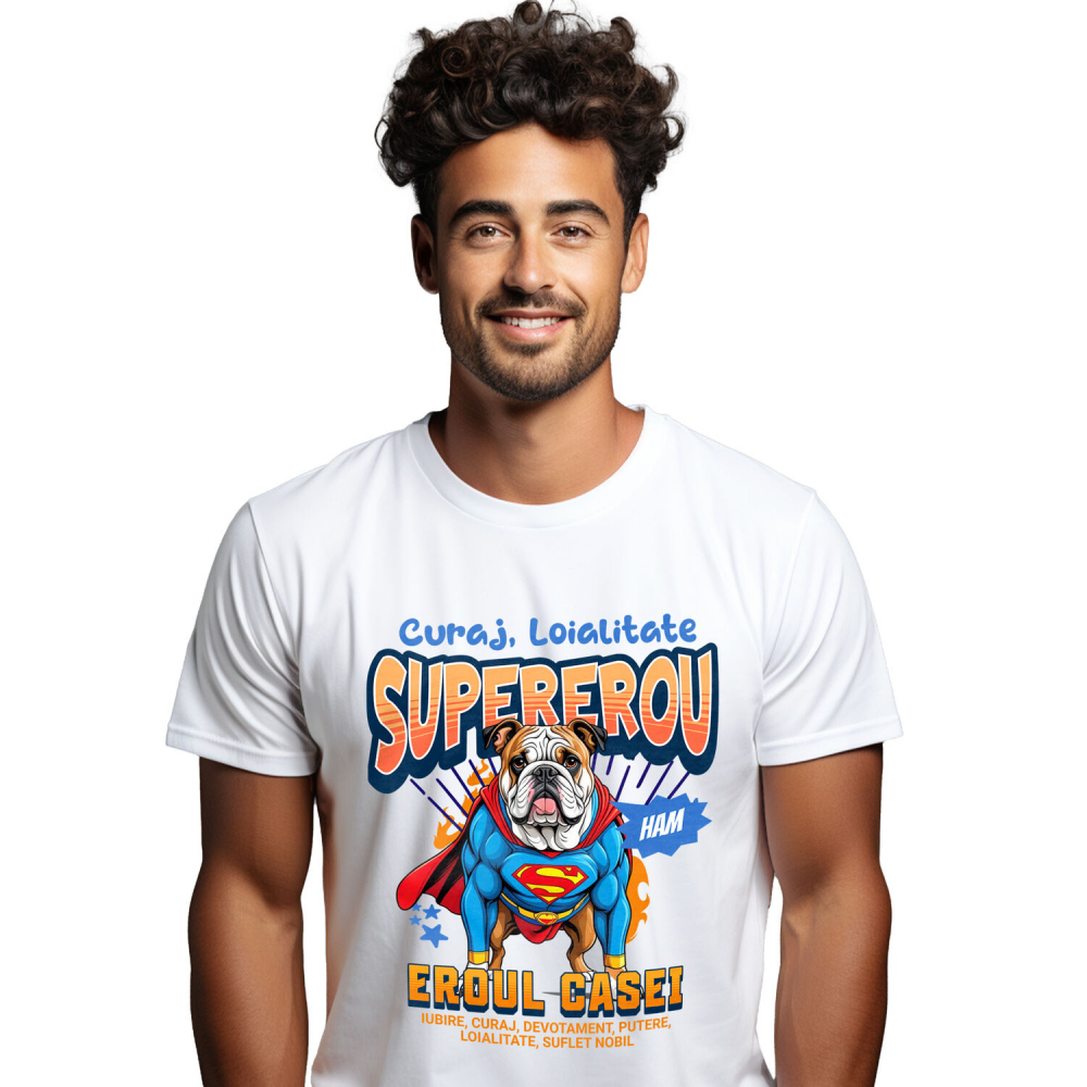 Tricou Femei, Barbati, Copii, Fata, Baiat, Unisex Personalizat Bulldog în Costum de Superman – Produse Personalizate pentru Familie și Copii [1]