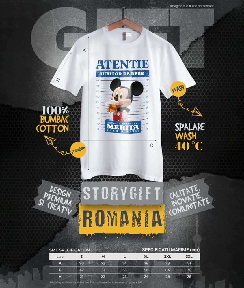 Tricou Barbati cu Cadou Mickey Mouse si Bere Racoritoare 100% Bumbac, Alb, XL [4]