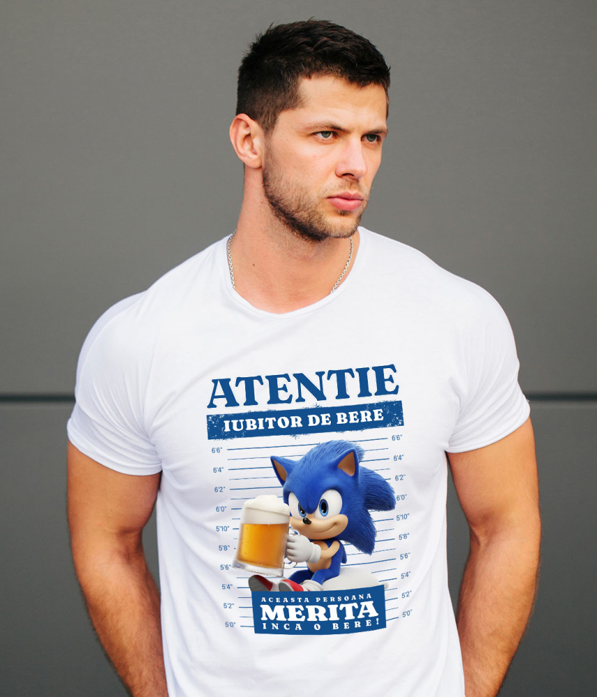 Tricou Barbati cu Cadou Sonic si Bere – Super Rapid si Distractiv 100% Bumbac, Alb, S [2]