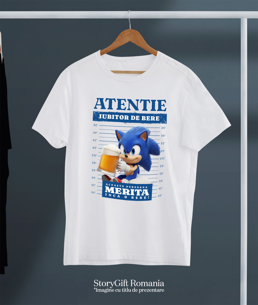 Tricou Barbati cu Cadou Sonic si Bere – Super Rapid si Distractiv 100% Bumbac, Alb, S [3]