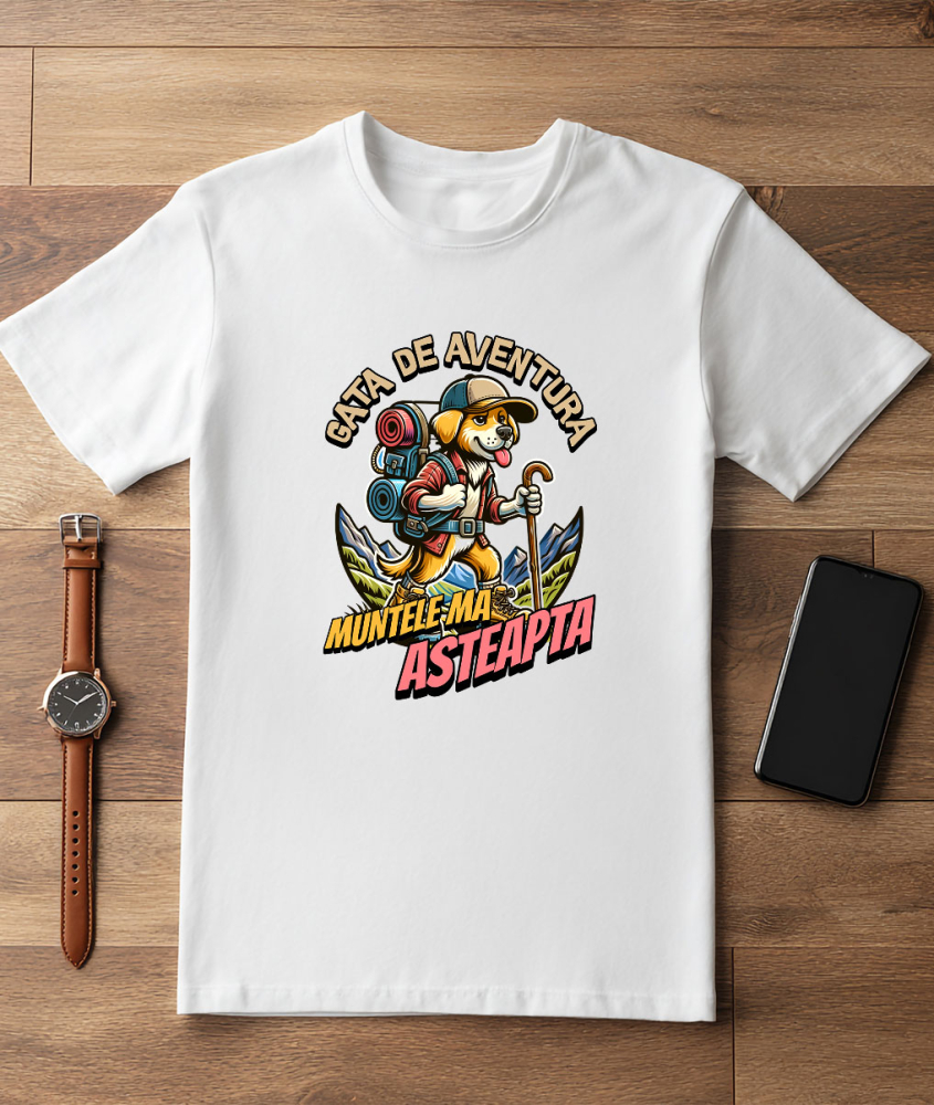 Tricou Femei, Barbati, Copii, Fata, Baiat, Unisex Personalizat „Câine de Aventură pe Munte cu Rucsac – Cadou Personalizat pentru Iubitorii de Natură” [3]