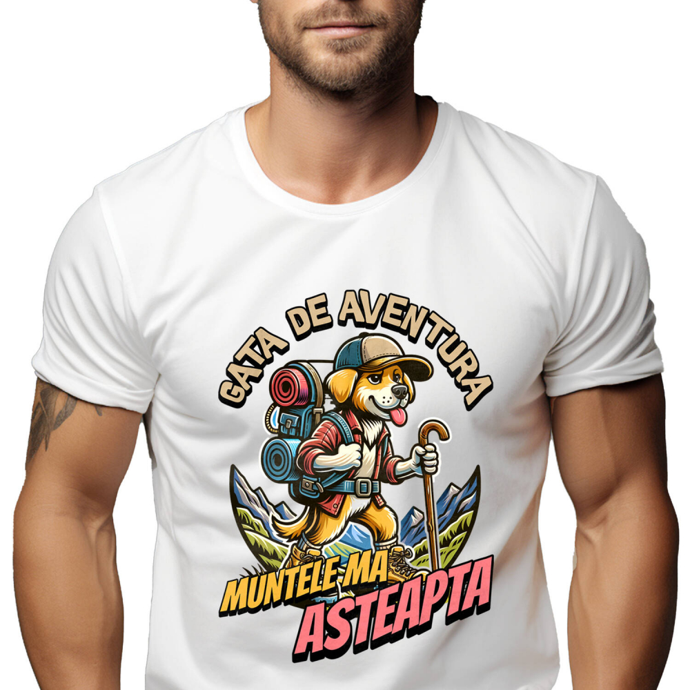 Tricou Femei, Barbati, Copii, Fata, Baiat, Unisex Personalizat „Câine de Aventură pe Munte cu Rucsac – Cadou Personalizat pentru Iubitorii de Natură” [1]