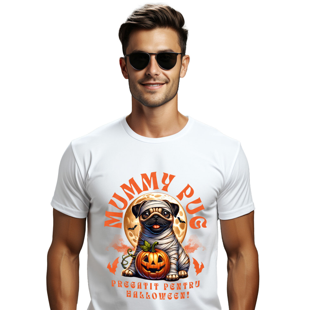Tricou Femei, Barbati, Copii, Fata, Baiat, Unisex Personalizat Câine Pug Mumie Înfășurat și Dovleac Halloween | Cadouri Personalizate pentru Iubitorii de Câini și Familie [1]