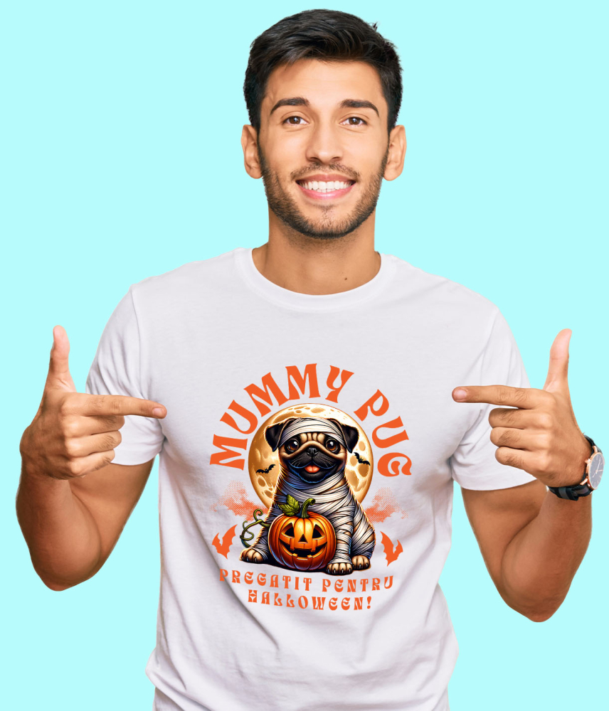 Tricou Femei, Barbati, Copii, Fata, Baiat, Unisex Personalizat Câine Pug Mumie Înfășurat și Dovleac Halloween | Cadouri Personalizate pentru Iubitorii de Câini și Familie [2]