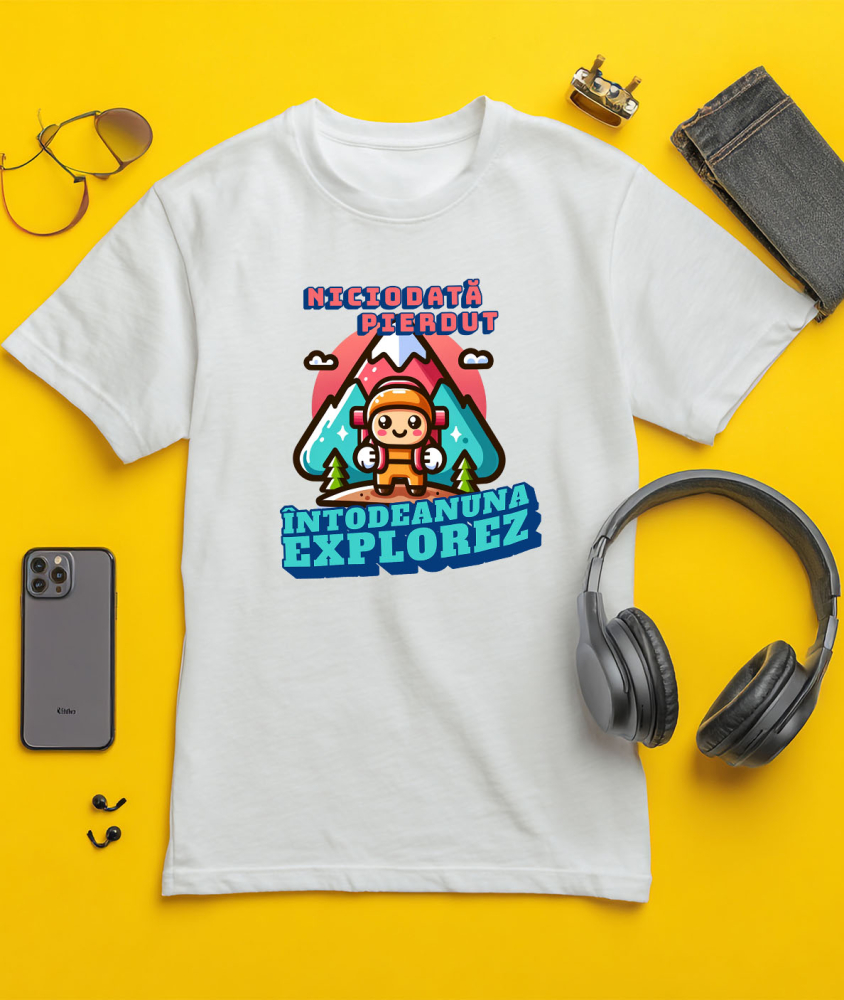 Tricou Femei, Barbati, Copii, Fata, Baiat, Unisex Personalizat "Cadou Personalizat ‘Niciodată Pierdut, Întotdeauna Explorez’ – Mesaj Motivațional pentru Iubitorii de Drumeție și Munte" [3]