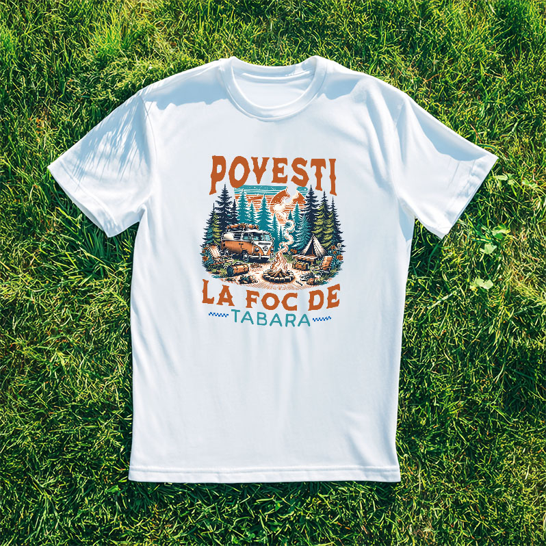 Tricou Femei, Barbati, Copii, Fata, Baiat, Unisex Personalizat "Camping în Natură cu Rulotă – Aventură în Familie și Povești la Foc de Tabără" [3]