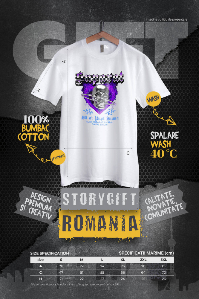 Tricou Femei, Barbati, Copii, Fata, Baiat, Unisex Personalizat Cap de craniu metalic personalizat cu mesaj „Mi-ai rupt inima, sunt suparat și vreau să fiu singur” [4]