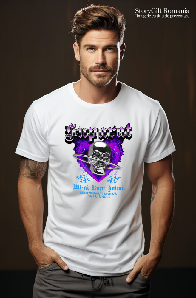 Tricou Femei, Barbati, Copii, Fata, Baiat, Unisex Personalizat Cap de craniu metalic personalizat cu mesaj „Mi-ai rupt inima, sunt suparat și vreau să fiu singur” [2]