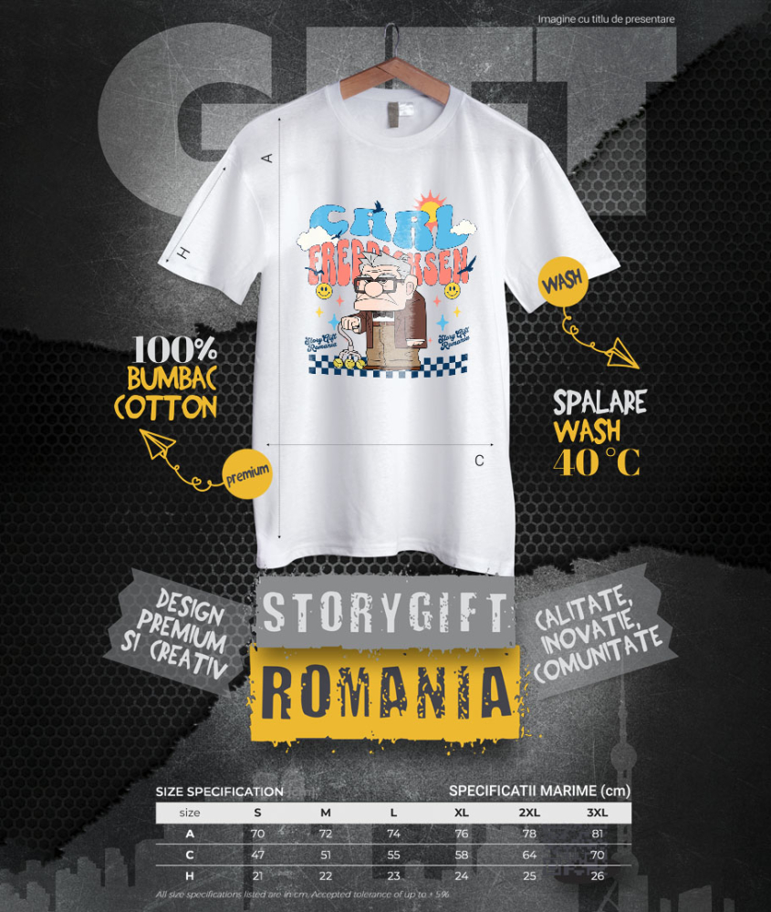 Tricou Barbati cu Carl Fredricksen – Ultimul Aventurier 100% Bumbac, Alb, XS [4]
