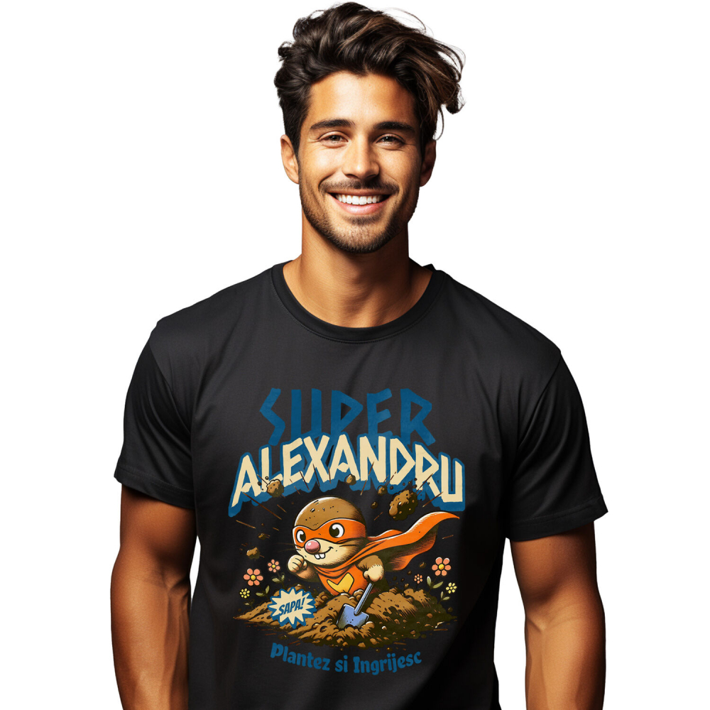 Tricou Femei, Barbati, Copii, Fata, Baiat, Unisex Personalizat Cârtița Cu Mască Și Pelerină Roșie Super Erou – Cadou Personalizat Pentru Alexandru [1]