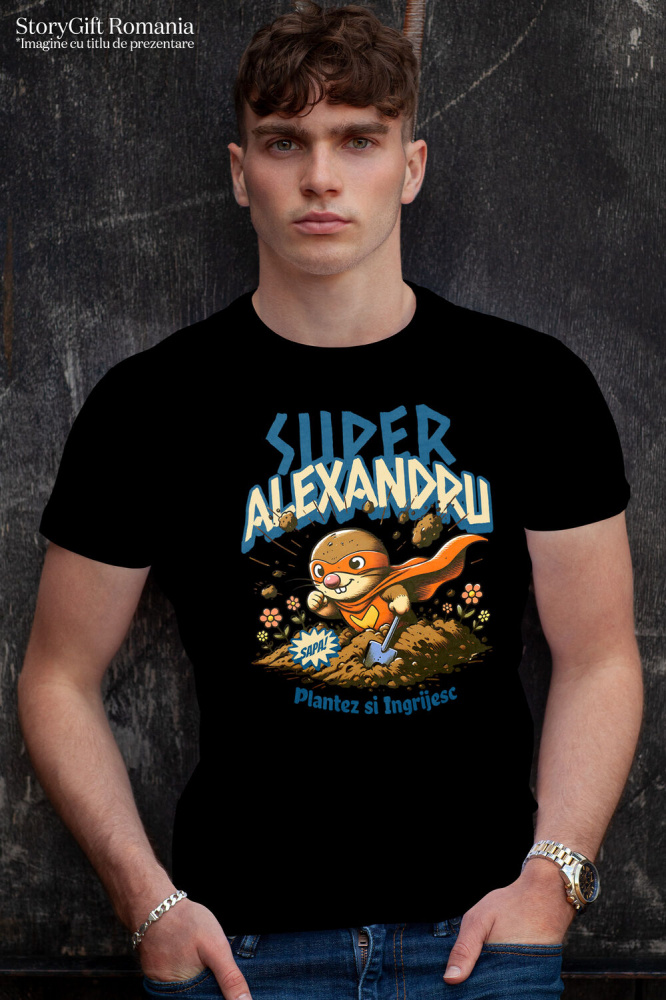 Tricou Femei, Barbati, Copii, Fata, Baiat, Unisex Personalizat Cârtița Cu Mască Și Pelerină Roșie Super Erou – Cadou Personalizat Pentru Alexandru [2]