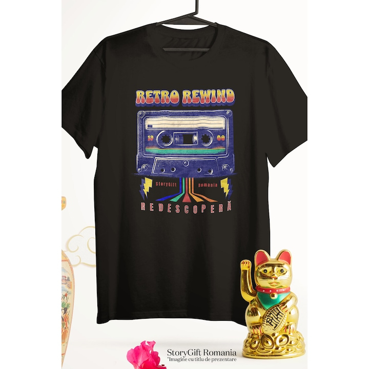 Tricou Barbati cu Caseta Audio Colorata 1980 Disco Vintige cu imprimeu pe Fata, 100% Bumbac, Negru, L [3]