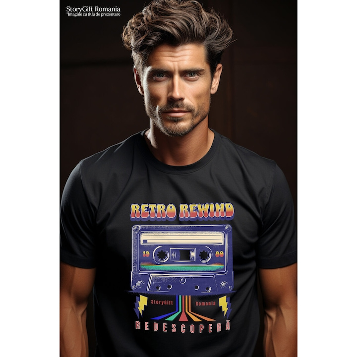 Tricou Barbati cu Caseta Audio Colorata 1980 Disco Vintige cu imprimeu pe Fata, 100% Bumbac, Negru, L [2]